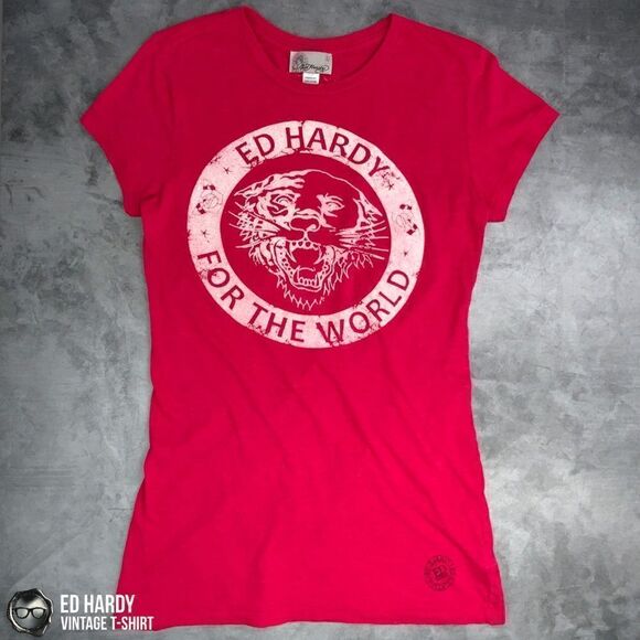 VINTAGE ED HARDY FOR THE WORLD TIGER GRAPHIC CREWNECK T-SHIRT IN RED WOMEN LARGE - Picture 1 of 15
